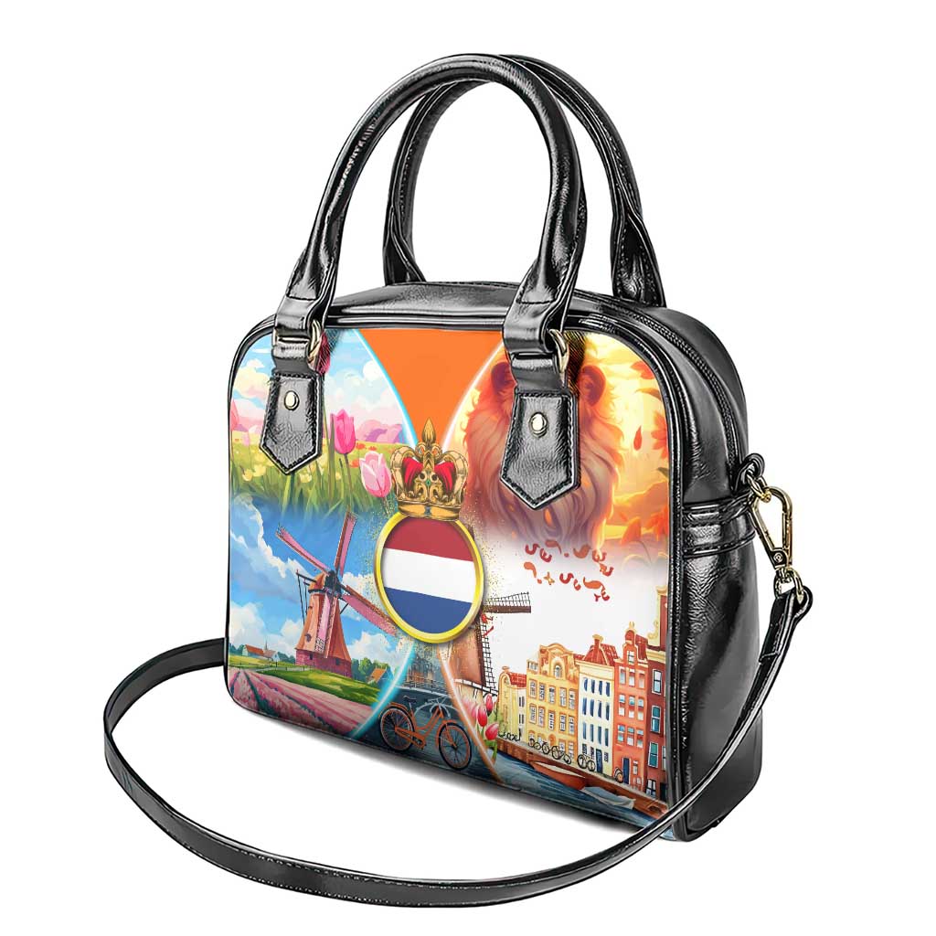 Dutch Lion Design Shoulder Handbag with Tulips Windmills Bicycles and Coat of Arms TS04