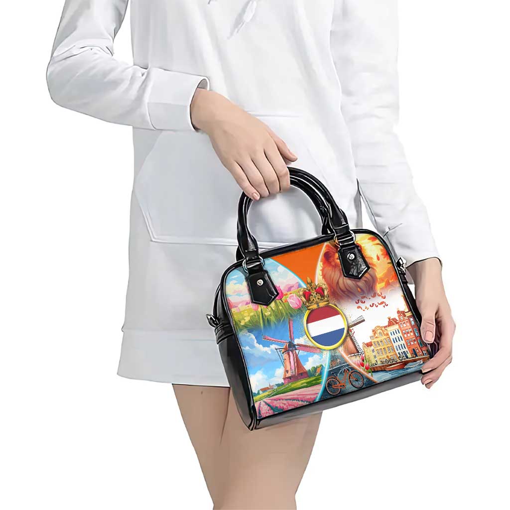 Dutch Lion Design Shoulder Handbag with Tulips Windmills Bicycles and Coat of Arms TS04