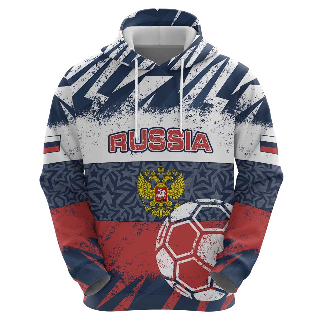 Personalized Russia Athletics Hoodie with Soccer Ball, National Emblem, and Grunge Flag Design TS04