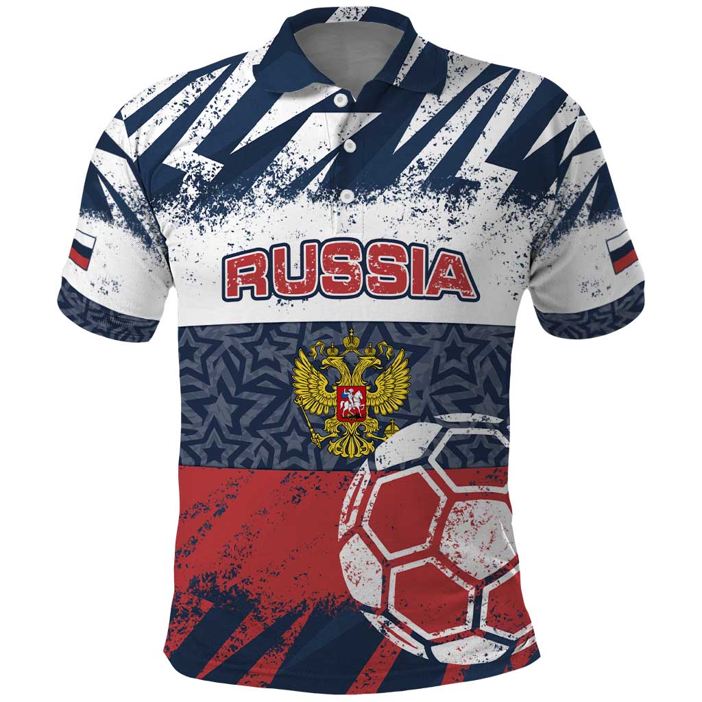 Personalized Russia Athletics Polo Shirt with Soccer Ball, National Emblem, and Grunge Flag Design TS04