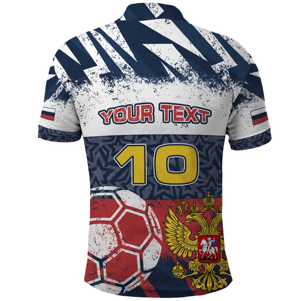 Personalized Russia Athletics Polo Shirt with Soccer Ball, National Emblem, and Grunge Flag Design TS04