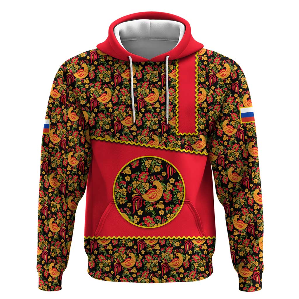 Russia Folk Art Hoodie with Khokhloma Pattern and Traditional Rooster Design TS04
