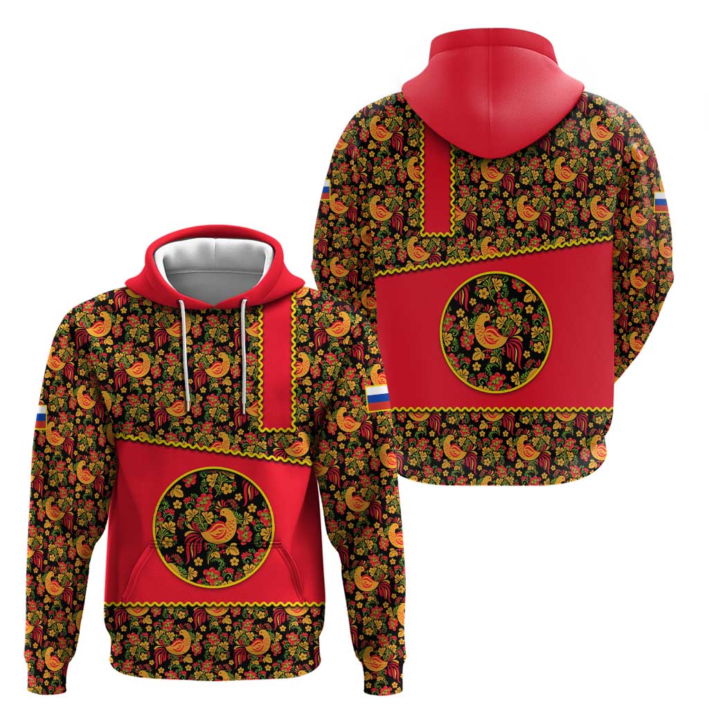 Russia Folk Art Hoodie with Khokhloma Pattern and Traditional Rooster Design TS04