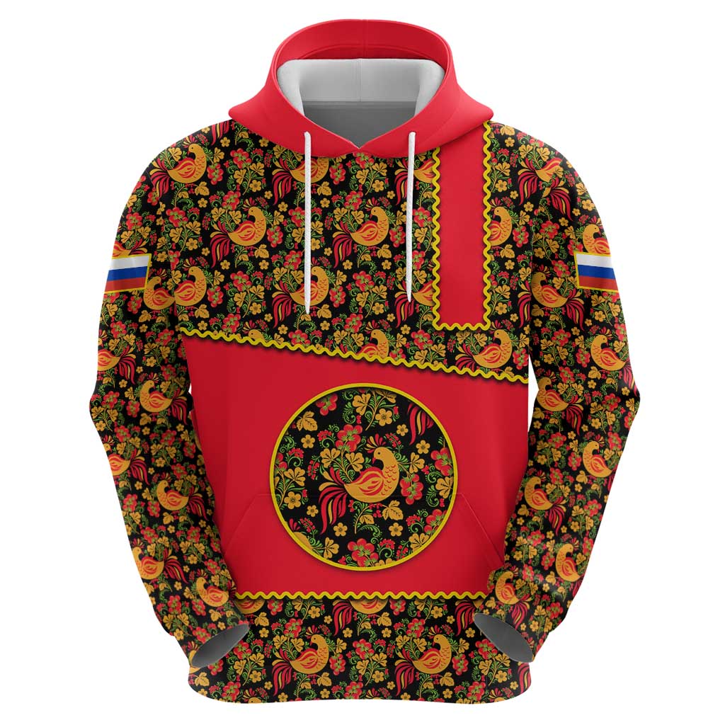 Russia Folk Art Hoodie with Khokhloma Pattern and Traditional Rooster Design TS04