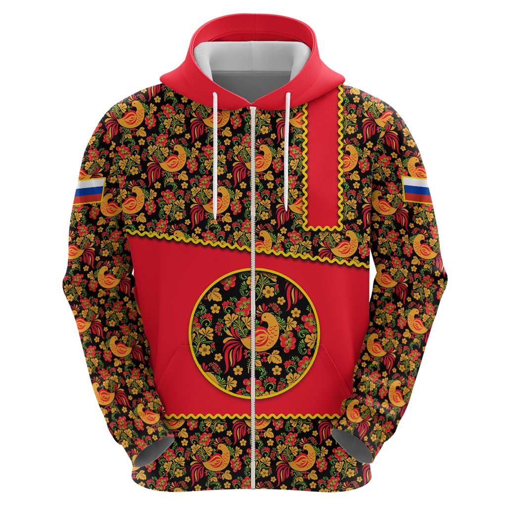 Russia Folk Art Hoodie with Khokhloma Pattern and Traditional Rooster Design TS04