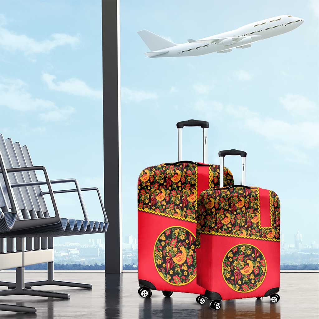 Russia Folk Art Luggage Cover with Khokhloma Pattern and Traditional Rooster Design TS04