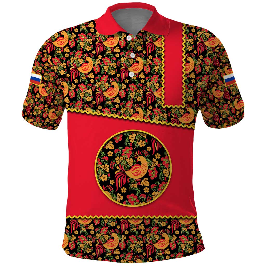 Russia Folk Art Polo Shirt with Khokhloma Pattern and Traditional Rooster Design TS04