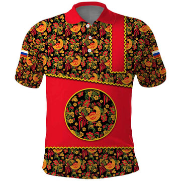 Russia Folk Art Polo Shirt with Khokhloma Pattern and Traditional Rooster Design TS04