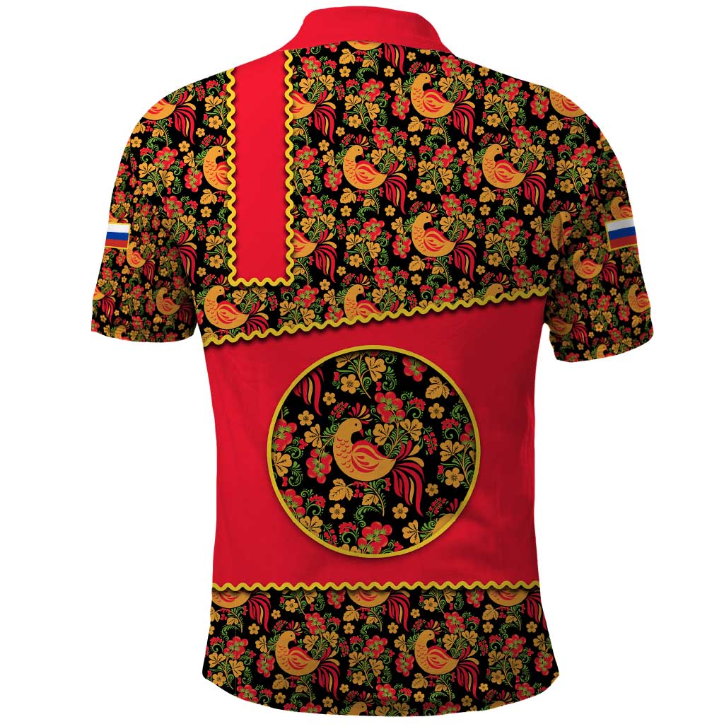Russia Folk Art Polo Shirt with Khokhloma Pattern and Traditional Rooster Design TS04