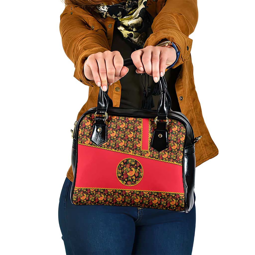 Russia Folk Art Shoulder Handbag with Khokhloma Pattern and Traditional Rooster Design TS04