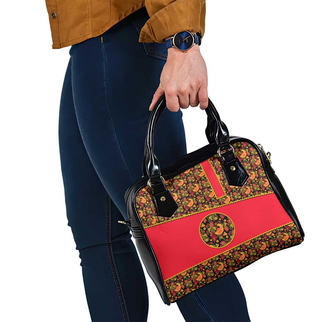 Russia Folk Art Shoulder Handbag with Khokhloma Pattern and Traditional Rooster Design TS04