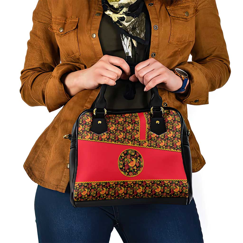 Russia Folk Art Shoulder Handbag with Khokhloma Pattern and Traditional Rooster Design TS04