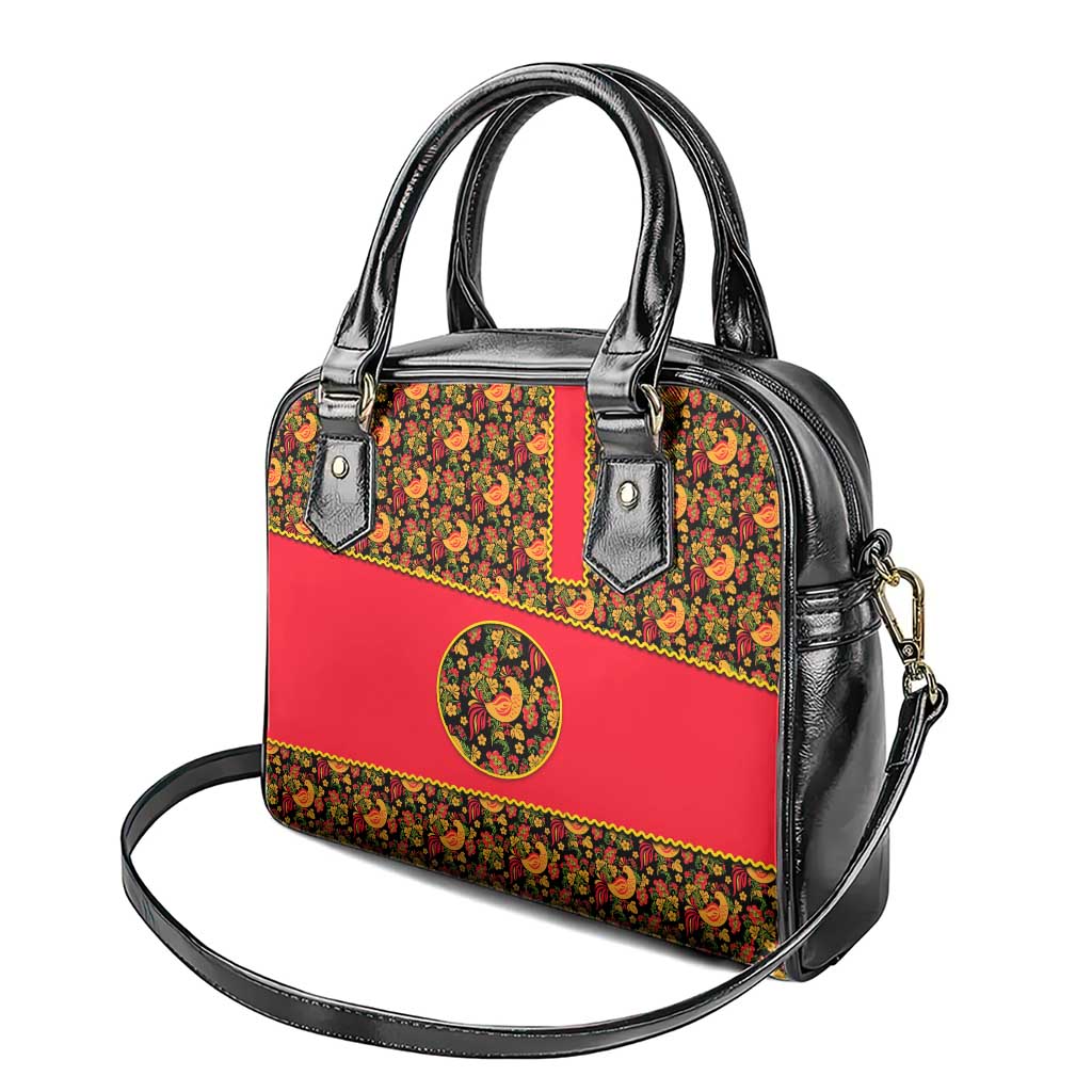Russia Folk Art Shoulder Handbag with Khokhloma Pattern and Traditional Rooster Design TS04