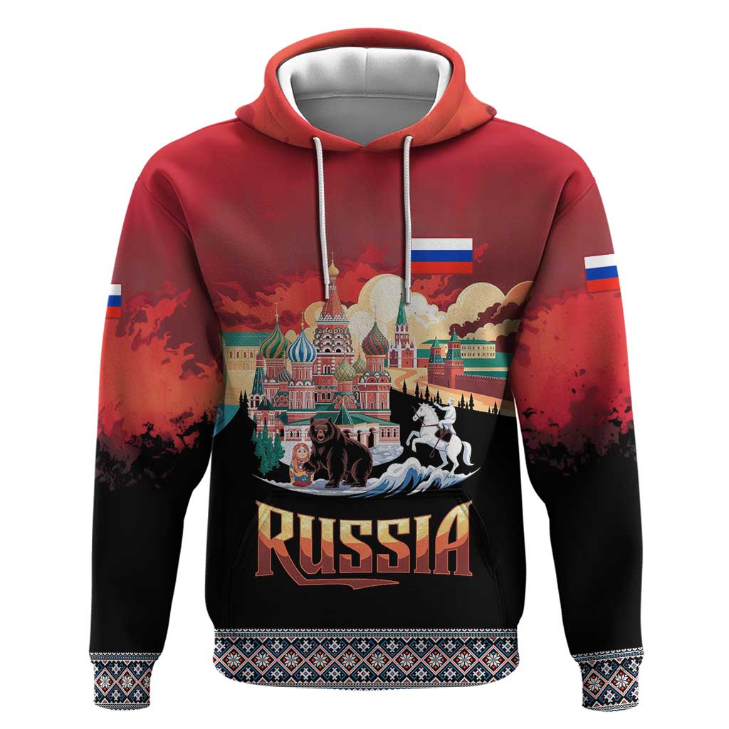 Russia Flag Red and Black Pullover Hoodie with Moscow Skyline Bear and Horse Design TS04