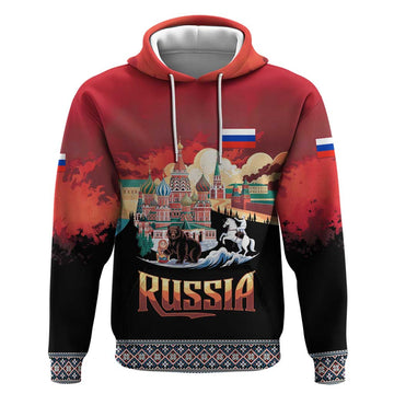 Russia Flag Red and Black Pullover Hoodie with Moscow Skyline Bear and Horse Design TS04