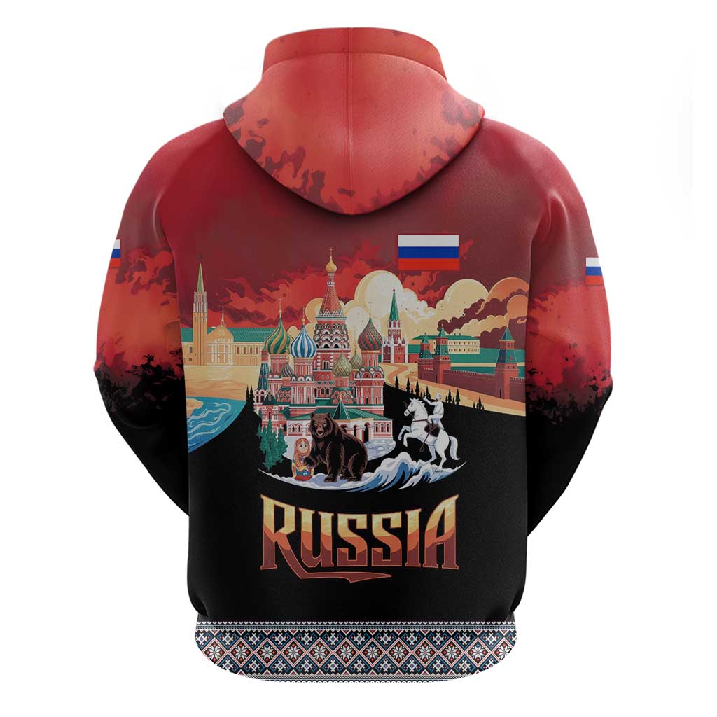 Russia Flag Red and Black Pullover Hoodie with Moscow Skyline Bear and Horse Design TS04