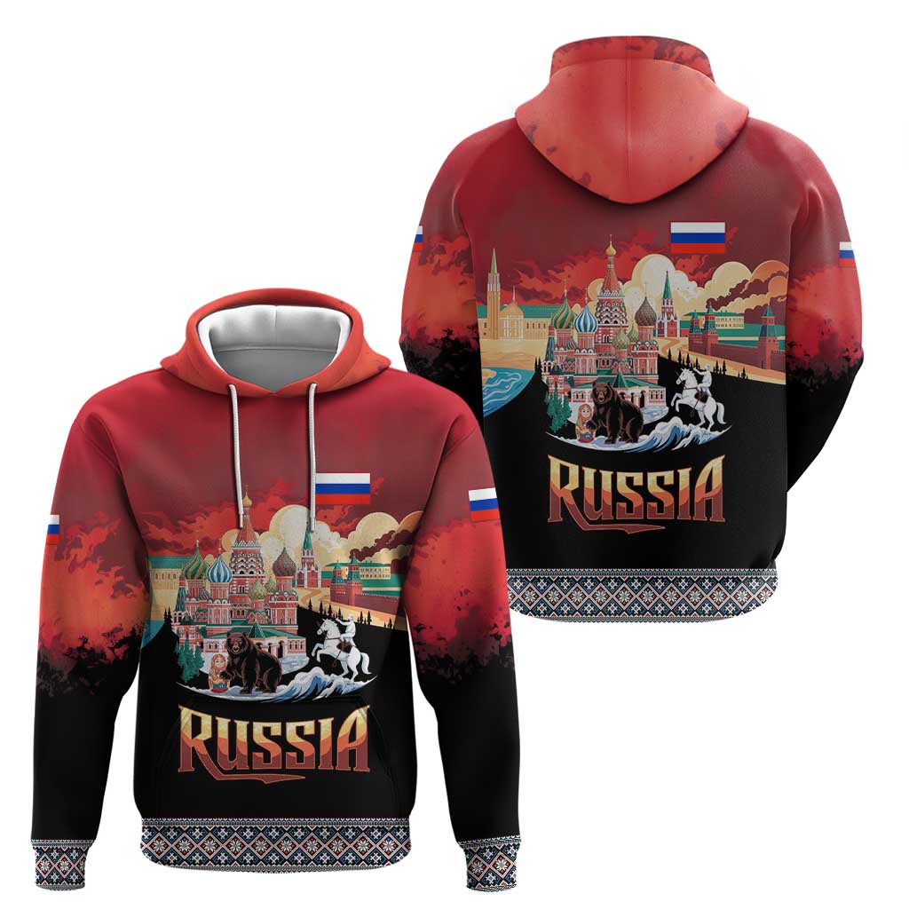 Russia Flag Red and Black Pullover Hoodie with Moscow Skyline Bear and Horse Design TS04