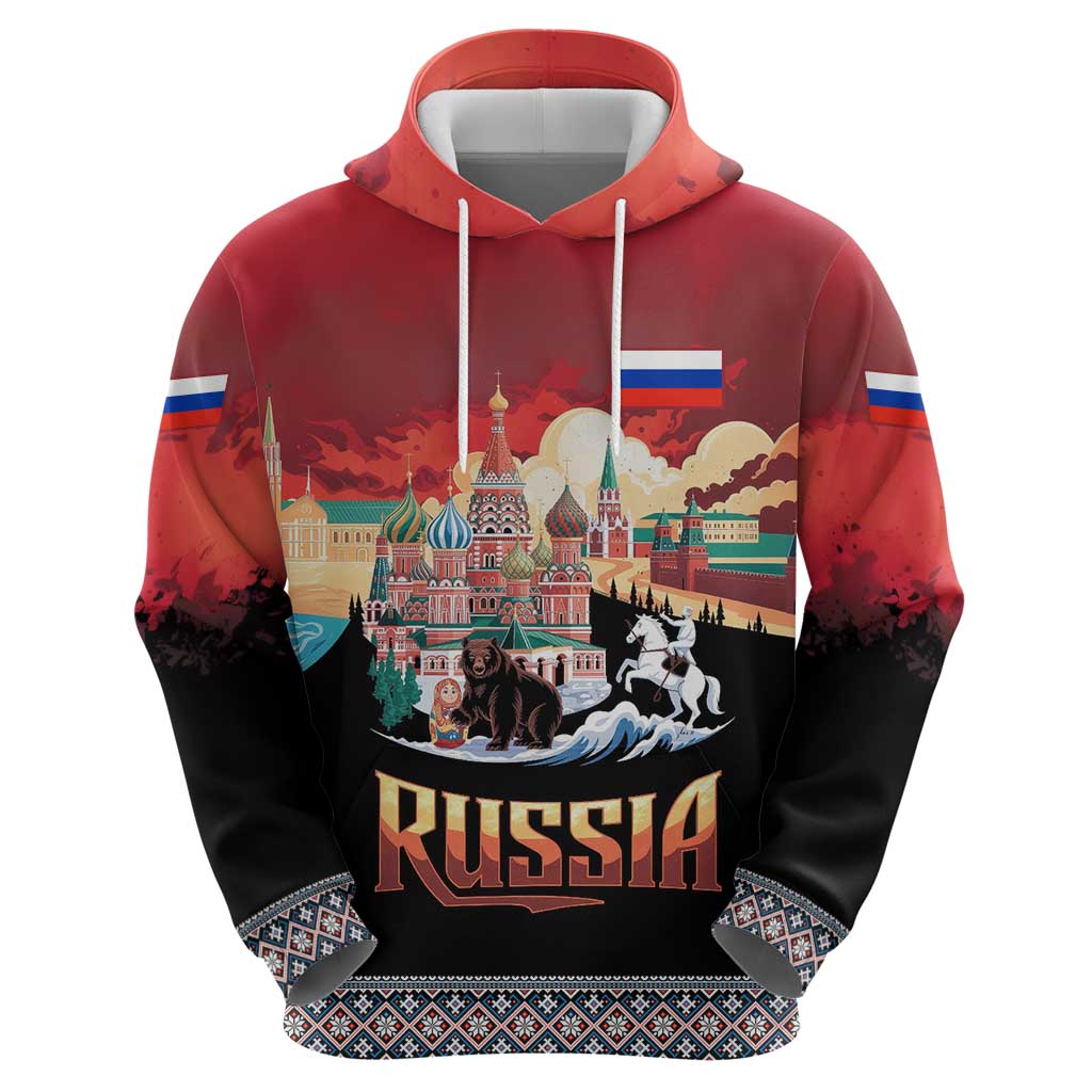 Russia Flag Red and Black Pullover Hoodie with Moscow Skyline Bear and Horse Design TS04