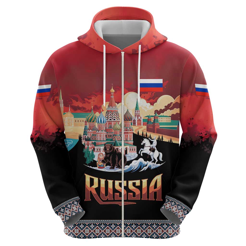 Russia Flag Red and Black Pullover Hoodie with Moscow Skyline Bear and Horse Design TS04