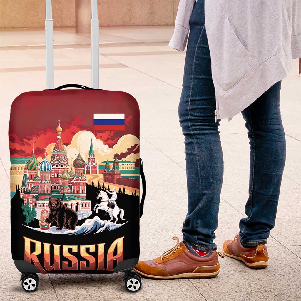 Russia Flag Red and Black Pullover Luggage Cover with Moscow Skyline Bear and Horse Design TS04