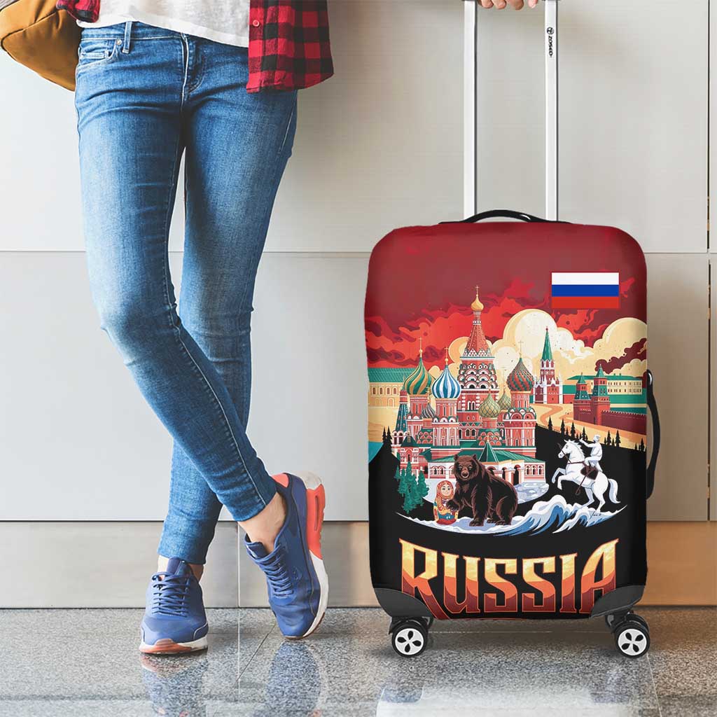 Russia Flag Red and Black Pullover Luggage Cover with Moscow Skyline Bear and Horse Design TS04