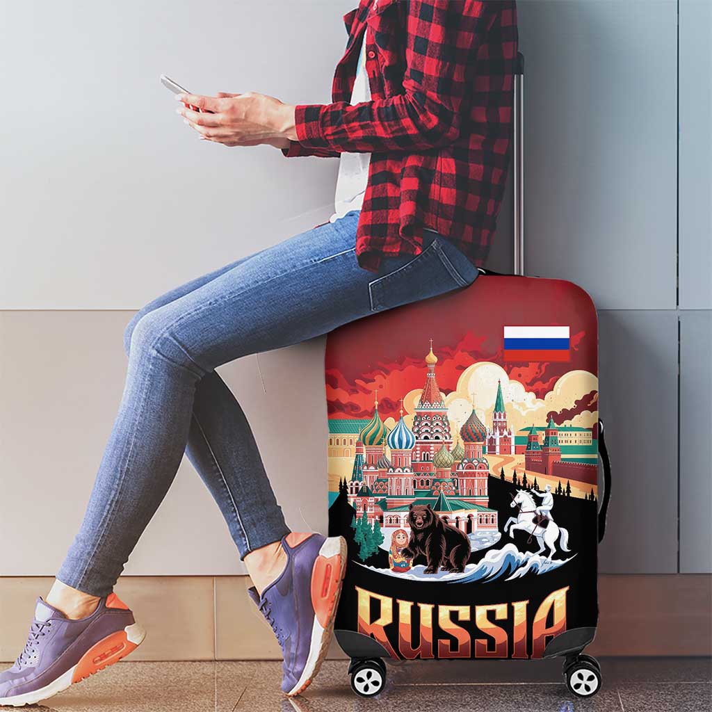 Russia Flag Red and Black Pullover Luggage Cover with Moscow Skyline Bear and Horse Design TS04