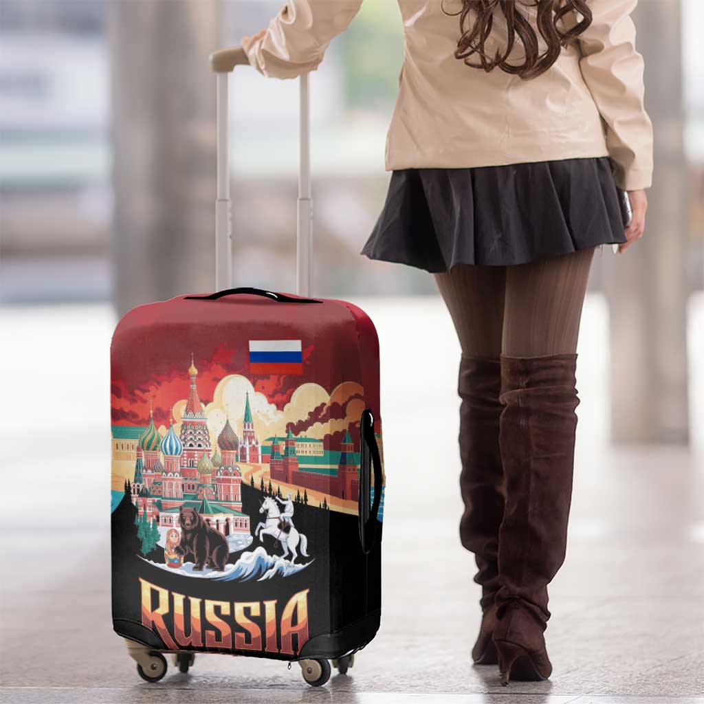 Russia Flag Red and Black Pullover Luggage Cover with Moscow Skyline Bear and Horse Design TS04
