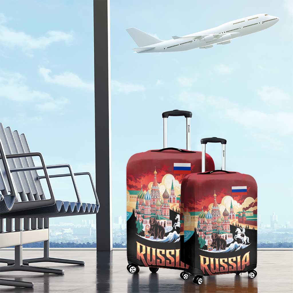 Russia Flag Red and Black Pullover Luggage Cover with Moscow Skyline Bear and Horse Design TS04