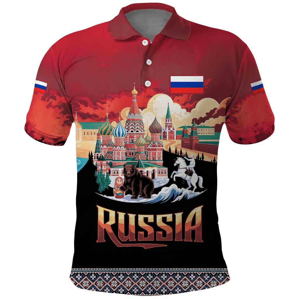 Russia Flag Red and Black Pullover Polo Shirt with Moscow Skyline Bear and Horse Design TS04