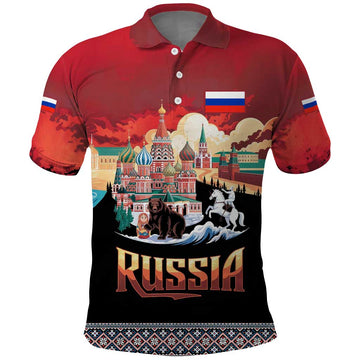 Russia Flag Red and Black Pullover Polo Shirt with Moscow Skyline Bear and Horse Design TS04