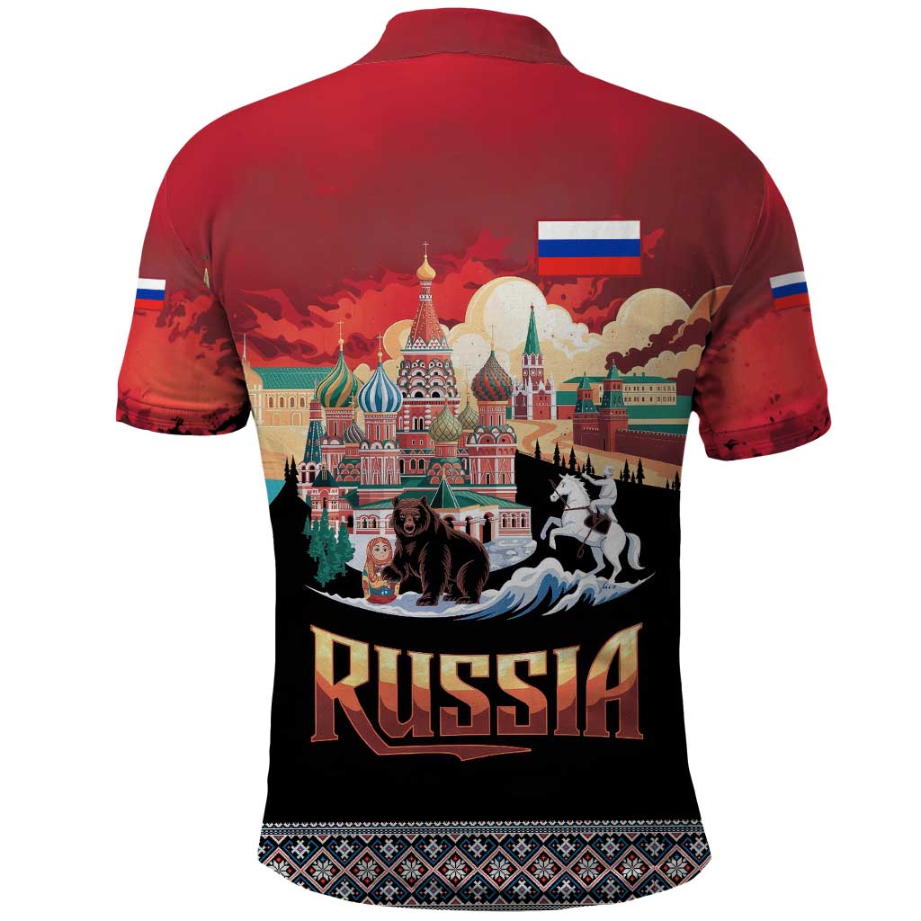 Russia Flag Red and Black Pullover Polo Shirt with Moscow Skyline Bear and Horse Design TS04