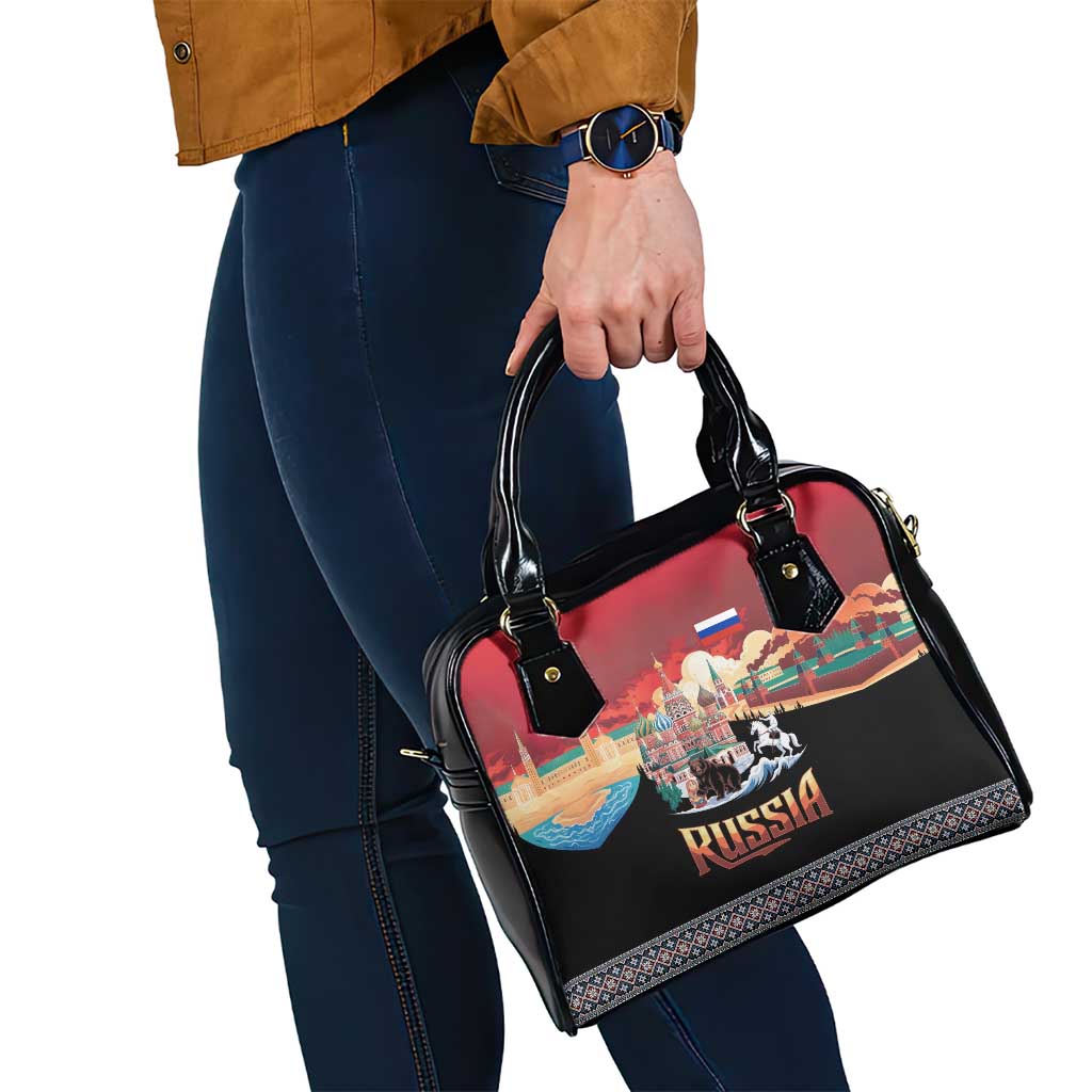 Russia Flag Red and Black Pullover Shoulder Handbag with Moscow Skyline Bear and Horse Design TS04