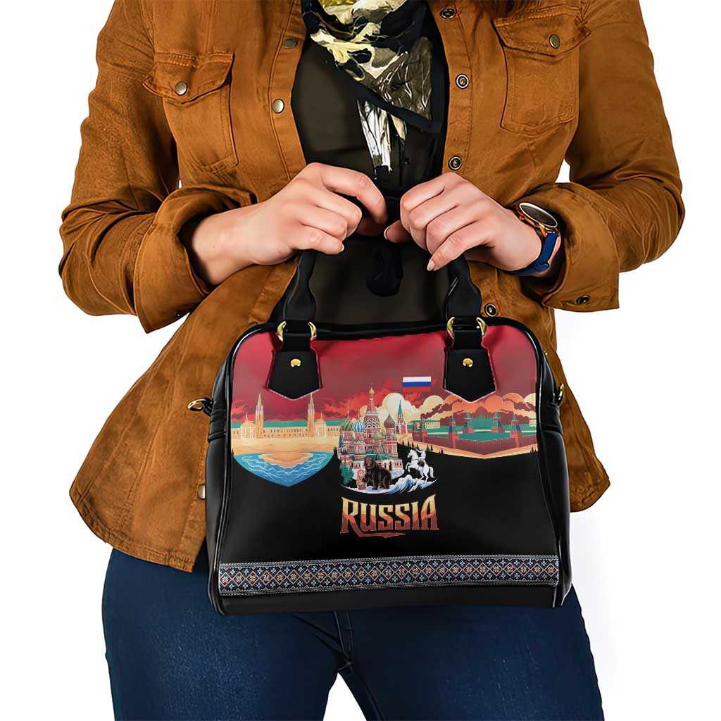 Russia Flag Red and Black Pullover Shoulder Handbag with Moscow Skyline Bear and Horse Design TS04