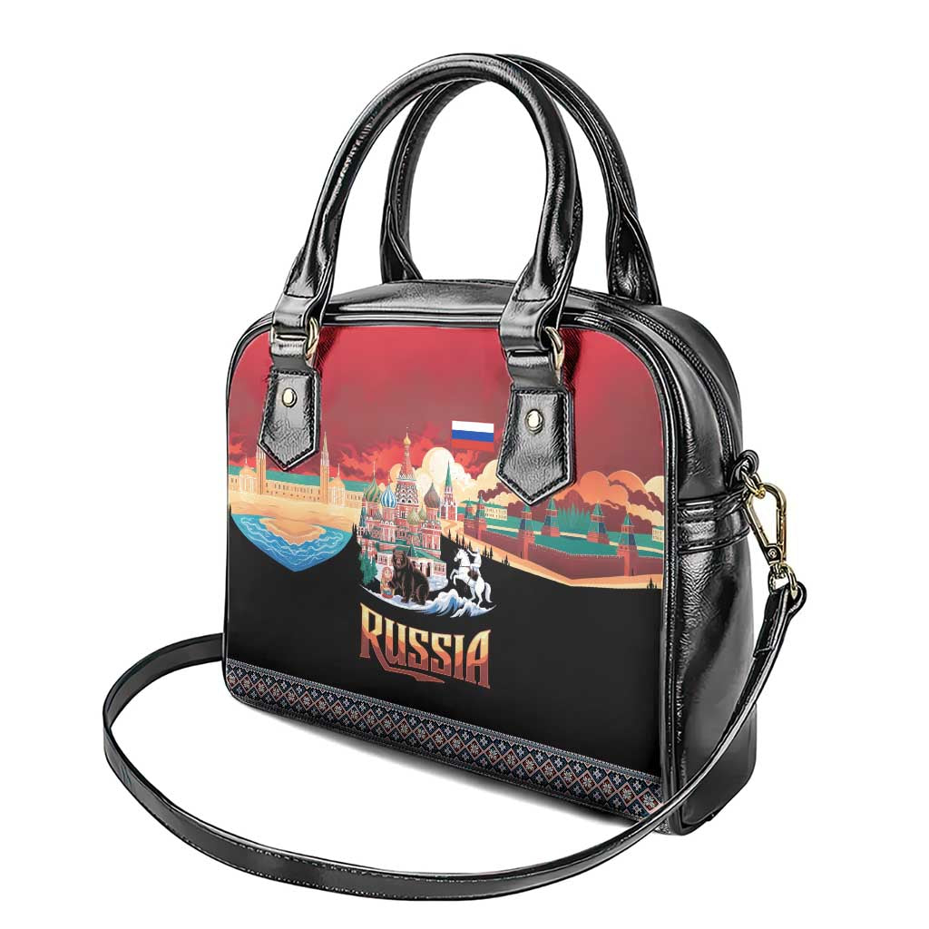 Russia Flag Red and Black Pullover Shoulder Handbag with Moscow Skyline Bear and Horse Design TS04