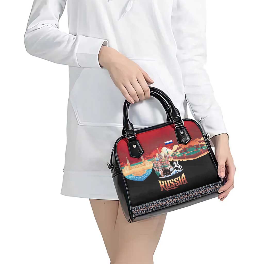 Russia Flag Red and Black Pullover Shoulder Handbag with Moscow Skyline Bear and Horse Design TS04