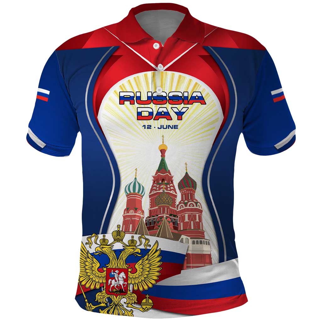 Russia Day Polo Shirt with Kremlin Illustration, National Emblem, and Flag Stripes TS04