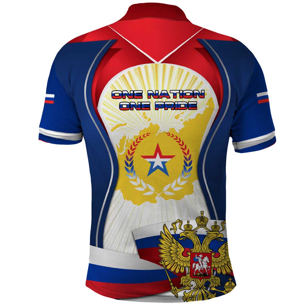 Russia Day Polo Shirt with Kremlin Illustration, National Emblem, and Flag Stripes TS04