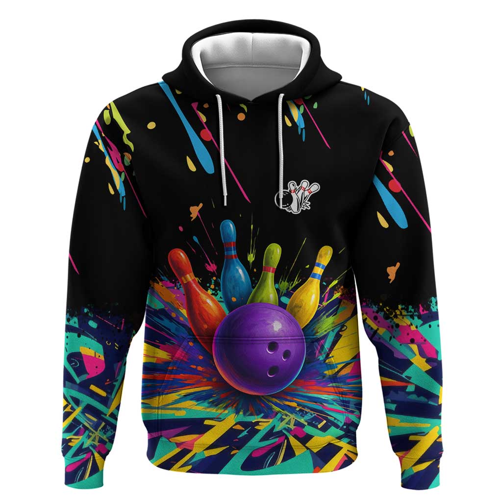 Custom Bowling Strike Design Hoodie Colorful Pins and Purple Ball in Abstract Splatter Art Style TS04