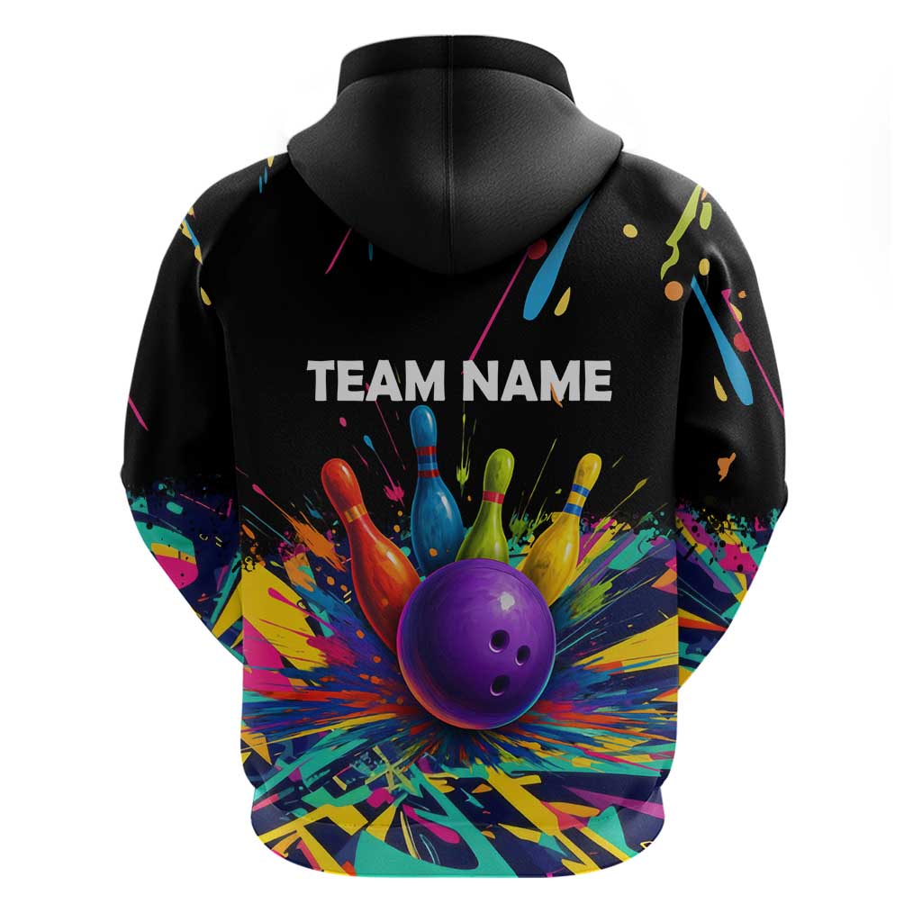 Custom Bowling Strike Design Hoodie Colorful Pins and Purple Ball in Abstract Splatter Art Style TS04