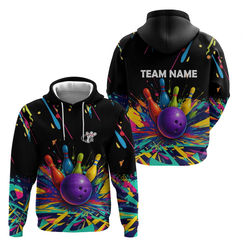 Custom Bowling Strike Design Hoodie Colorful Pins and Purple Ball in Abstract Splatter Art Style TS04