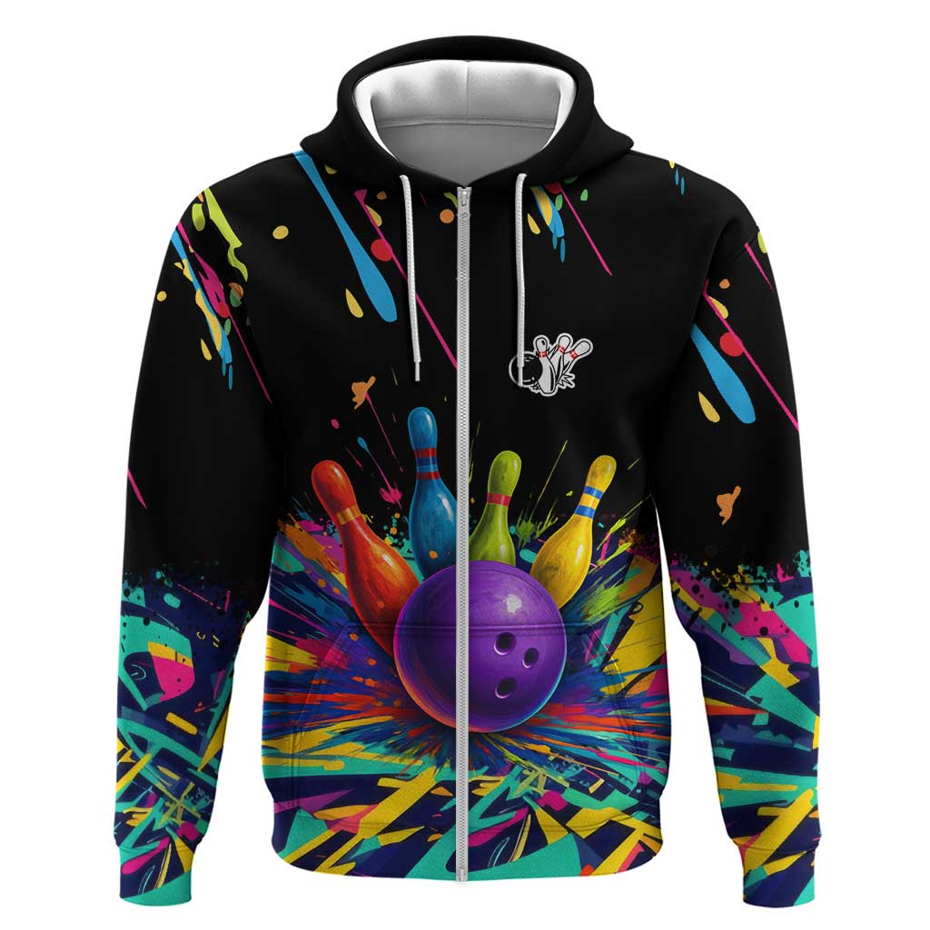 Custom Bowling Strike Design Hoodie Colorful Pins and Purple Ball in Abstract Splatter Art Style TS04