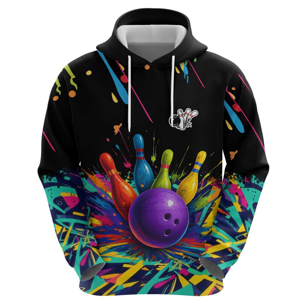 Custom Bowling Strike Design Hoodie Colorful Pins and Purple Ball in Abstract Splatter Art Style TS04