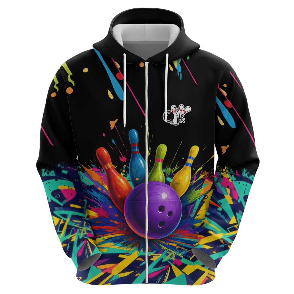 Custom Bowling Strike Design Hoodie Colorful Pins and Purple Ball in Abstract Splatter Art Style TS04