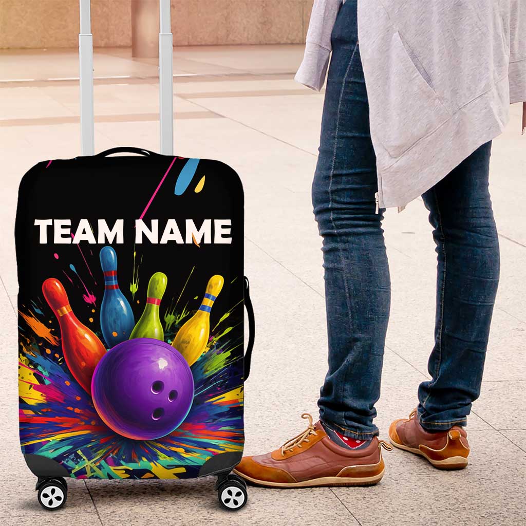Custom Bowling Strike Design Luggage Cover Colorful Pins and Purple Ball in Abstract Splatter Art Style TS04