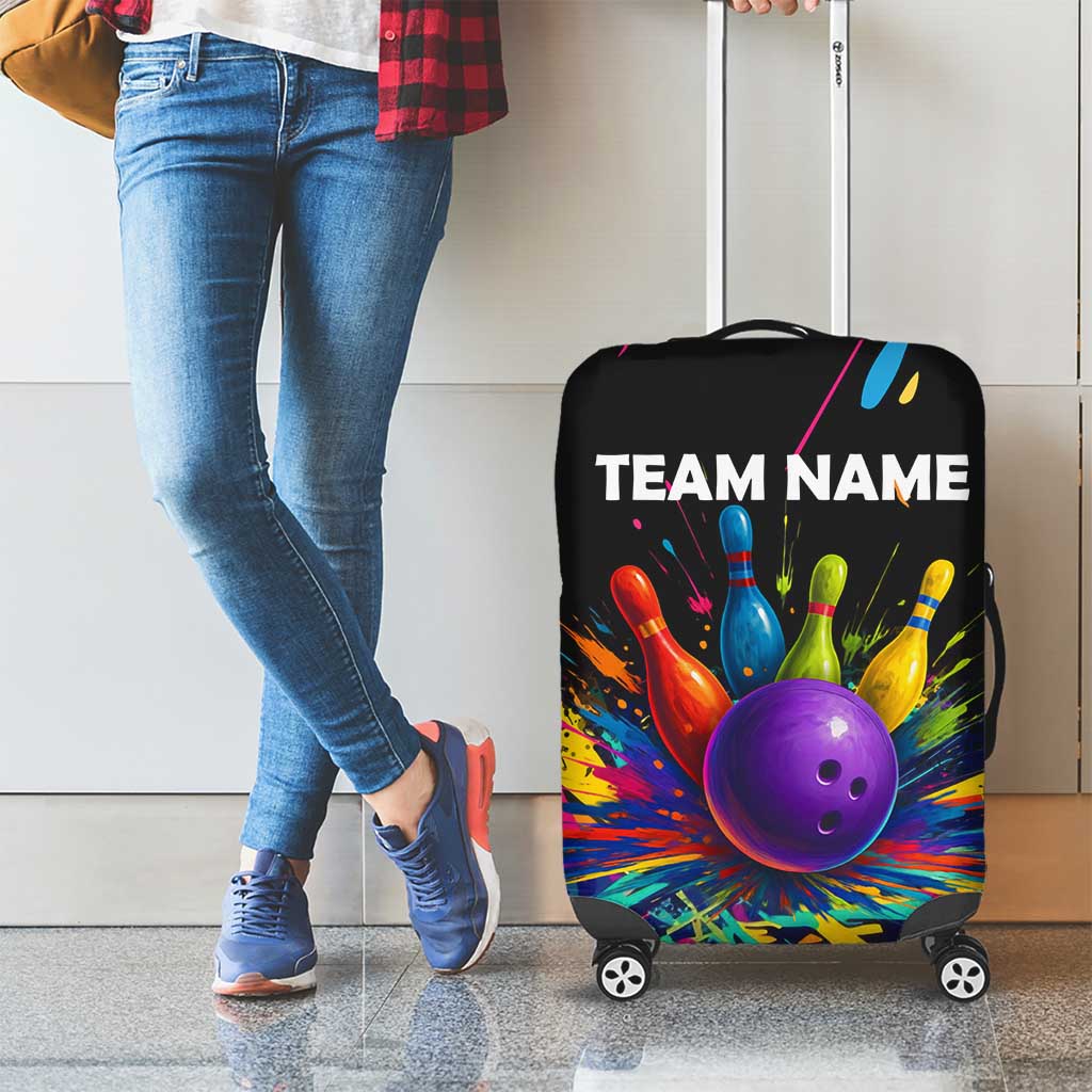Custom Bowling Strike Design Luggage Cover Colorful Pins and Purple Ball in Abstract Splatter Art Style TS04