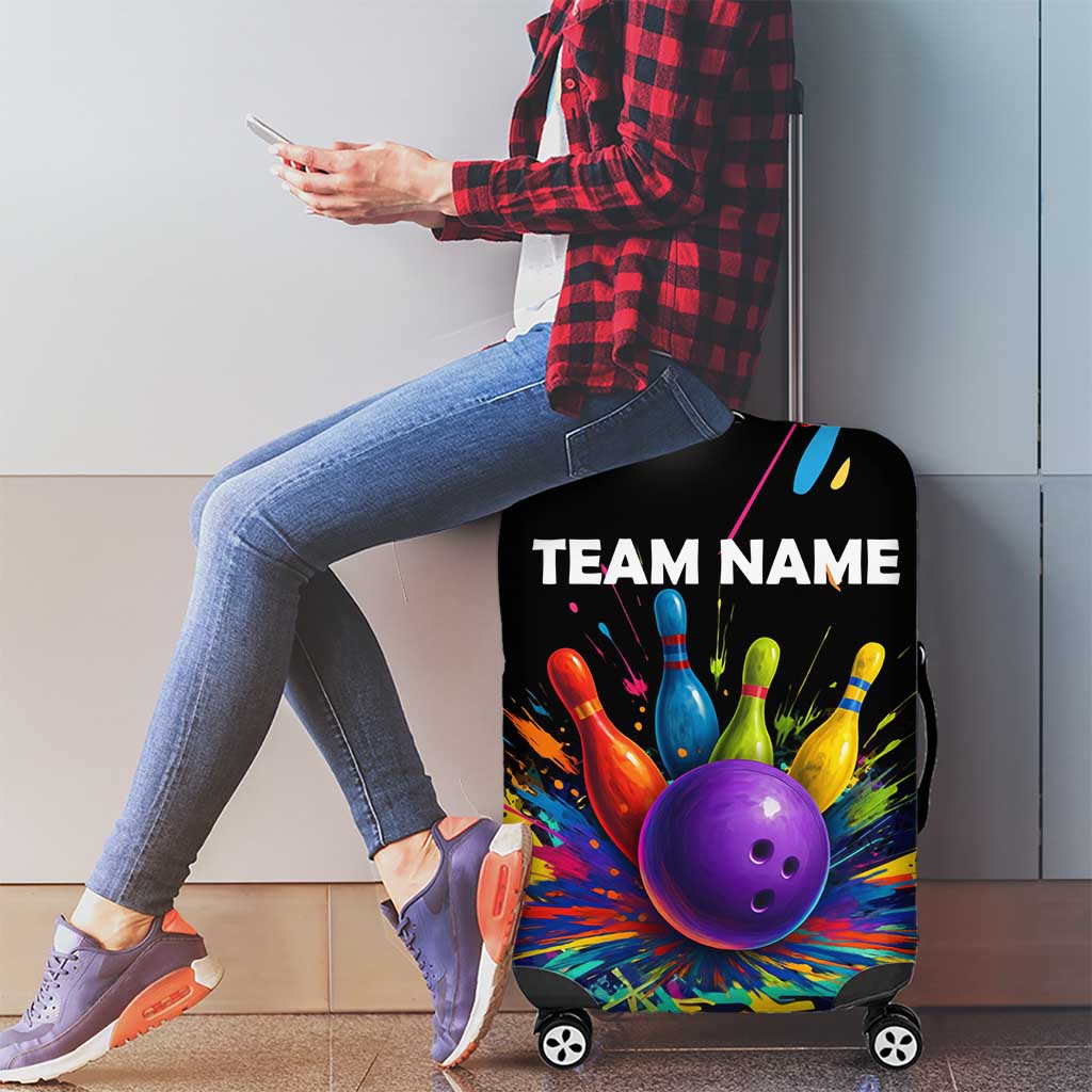 Custom Bowling Strike Design Luggage Cover Colorful Pins and Purple Ball in Abstract Splatter Art Style TS04