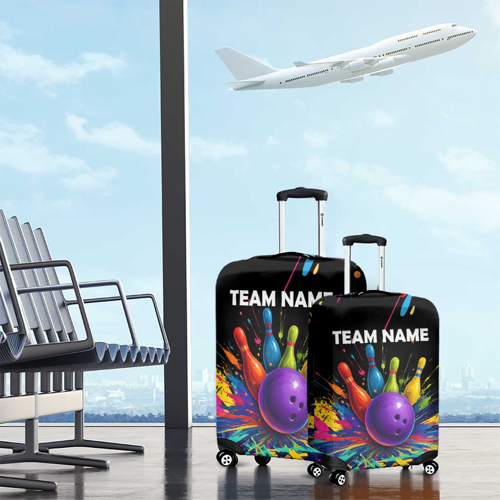 Custom Bowling Strike Design Luggage Cover Colorful Pins and Purple Ball in Abstract Splatter Art Style TS04