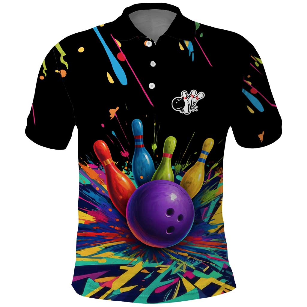Custom Bowling Strike Design Polo Shirt Colorful Pins and Purple Ball in Abstract Splatter Art Style TS04