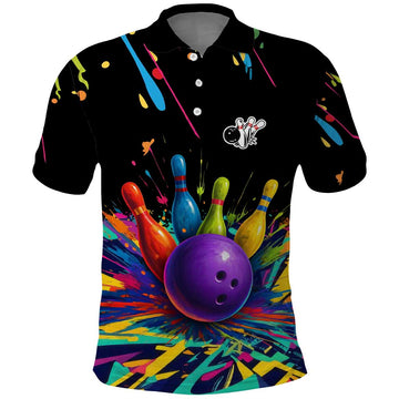 Custom Bowling Strike Design Polo Shirt Colorful Pins and Purple Ball in Abstract Splatter Art Style TS04
