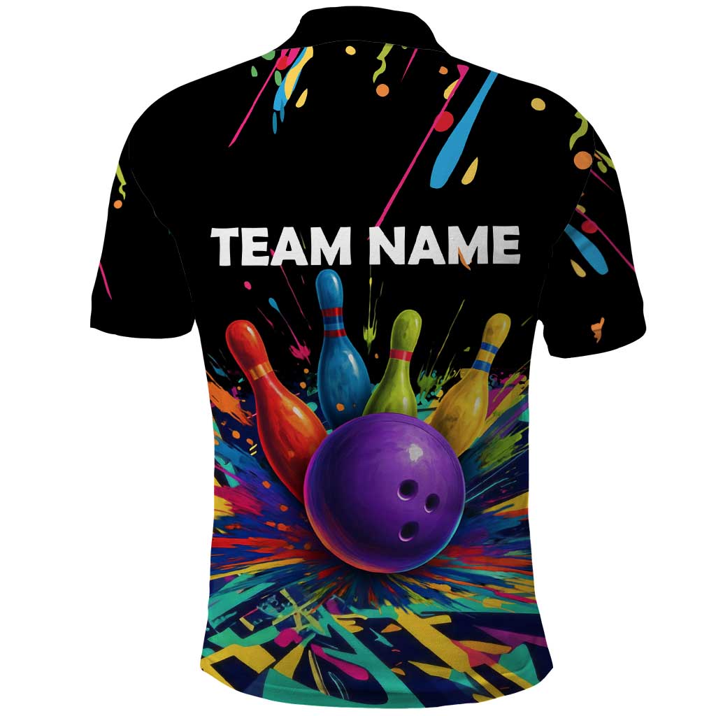 Custom Bowling Strike Design Polo Shirt Colorful Pins and Purple Ball in Abstract Splatter Art Style TS04